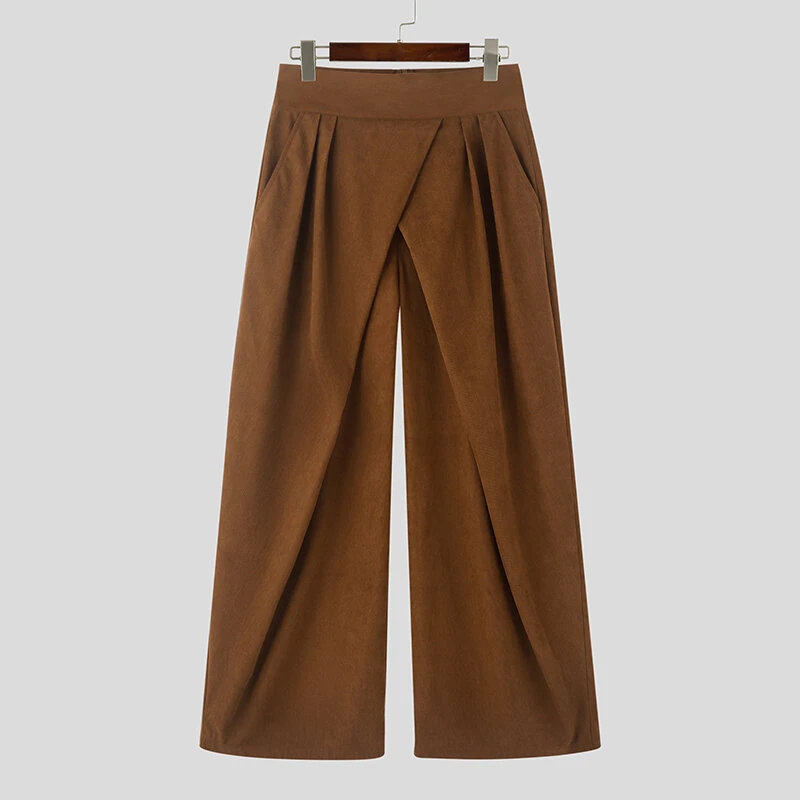 INCERUN Mens Ruched Crossover Design Pant Fashion Solid Color High Waist Casual Long Trousers for Male — view 4