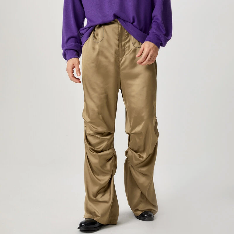 INCERUN Mens Satin Ruched Design Casual Pant Fashion Solid Color Loose Fit Straight Trousers — view 11