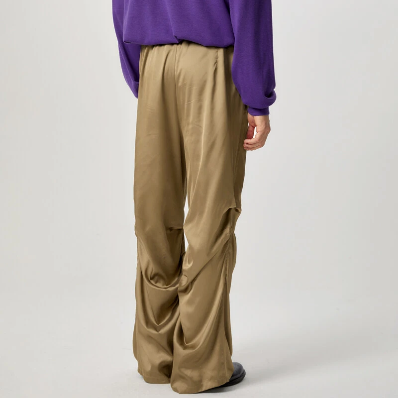 INCERUN Mens Satin Ruched Design Casual Pant Fashion Solid Color Loose Fit Straight Trousers — view 2
