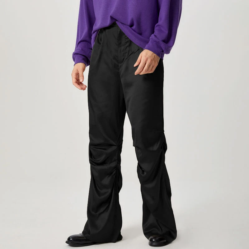INCERUN Mens Satin Ruched Design Casual Pant Fashion Solid Color Loose Fit Straight Trousers — view 3