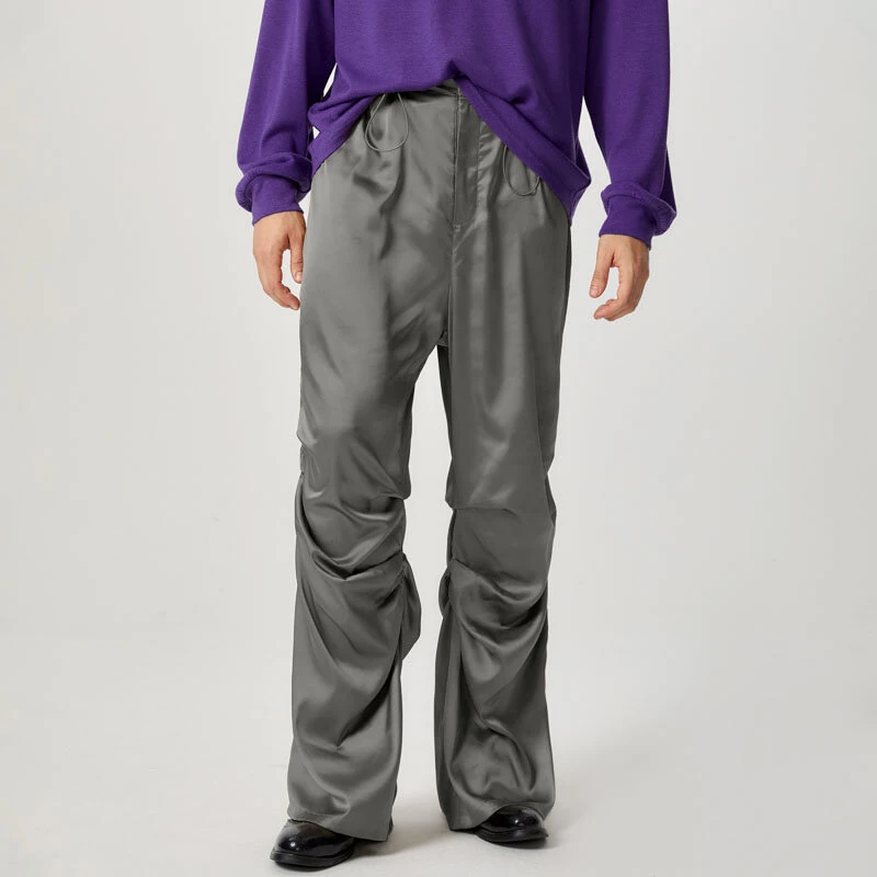INCERUN Mens Satin Ruched Design Casual Pant Fashion Solid Color Loose Fit Straight Trousers — view 4