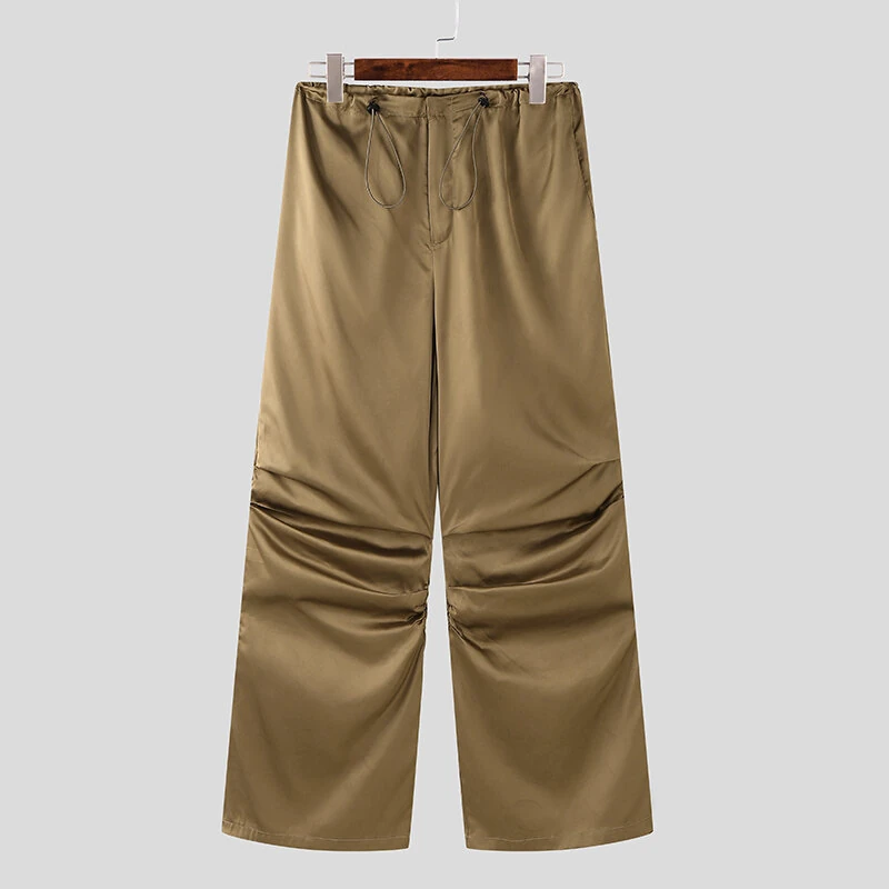 INCERUN Mens Satin Ruched Design Casual Pant Fashion Solid Color Loose Fit Straight Trousers — view 5