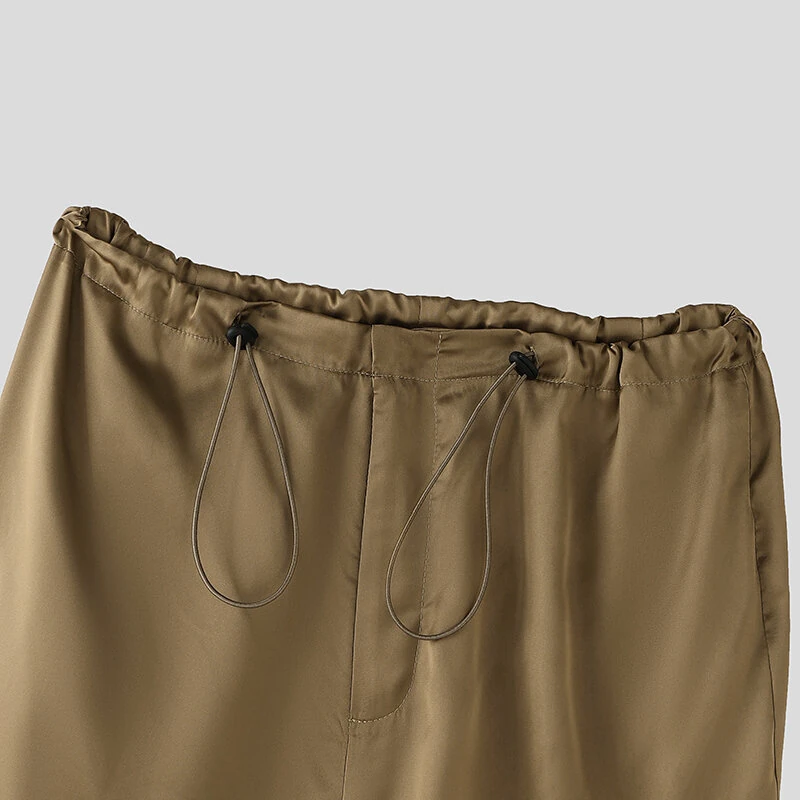 INCERUN Mens Satin Ruched Design Casual Pant Fashion Solid Color Loose Fit Straight Trousers — view 6