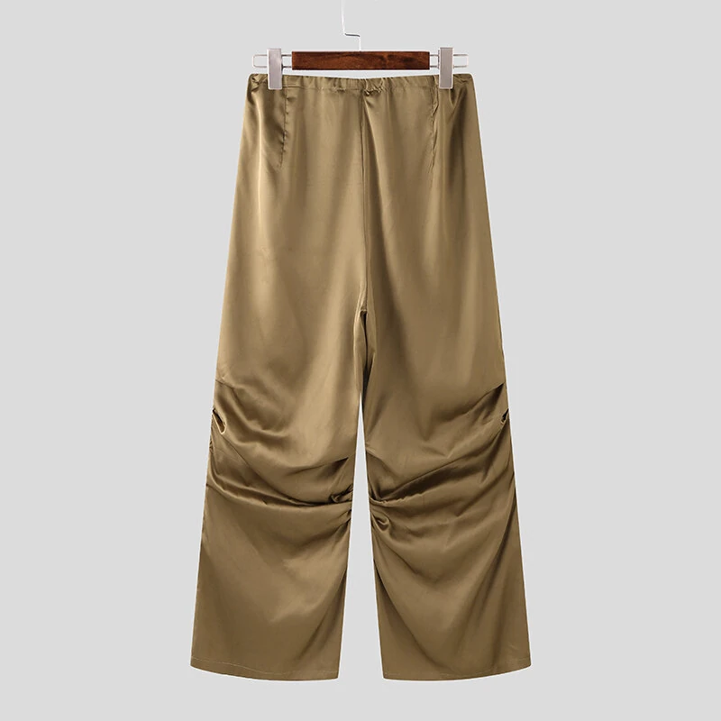 INCERUN Mens Satin Ruched Design Casual Pant Fashion Solid Color Loose Fit Straight Trousers — view 8