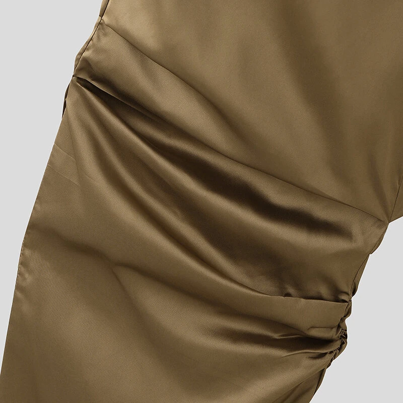 INCERUN Mens Satin Ruched Design Casual Pant Fashion Solid Color Loose Fit Straight Trousers — view 9