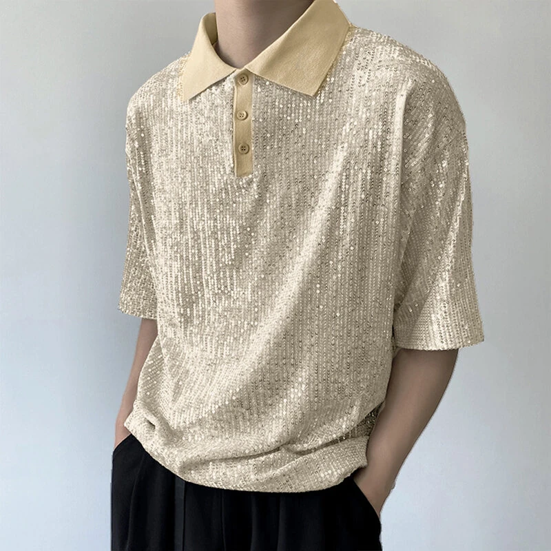 INCERUN Mens Sequin Sparkle Glitter Patchwork T-Shirt Fashion Short Sleeve Lapel Top Tshirt for Men — INCERUN