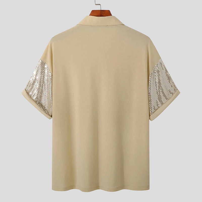 INCERUN Mens Sequin Sparkle Glitter Patchwork T-Shirt Fashion Short Sleeve Lapel Top Tshirt for Men — view 8