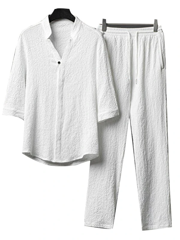 INCERUN Mens Sets 3/4 Short Sleeve Shirt & Pants Two Pieces Set Loose Daily Men's Casual Suits — view 3