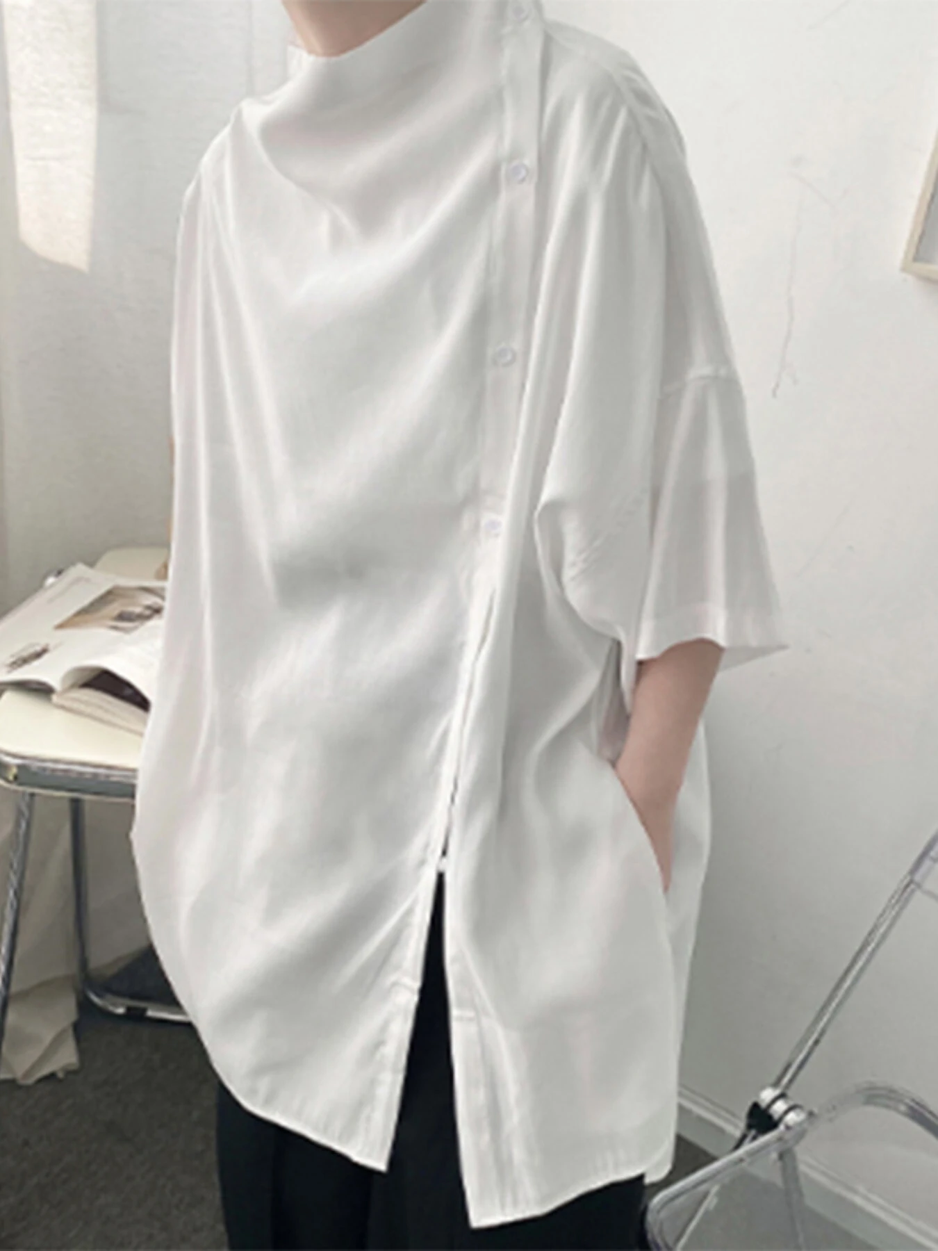 INCERUN Mens Shirt Design Half Sleeve Top Fashion Side Cut-off Button Shirts Casual Summer Loose Men Shirts S-5XL — view 9