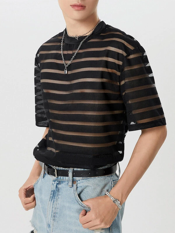 INCERUN Mens Shirt Fashion Striped Short Sleeve Men Tops See Through Party Nightclub Men Shirts S-5XL — view 9