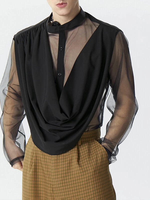 INCERUN Mens Shirt Fashion Swing Neck Patchwork Mesh Fabric Long Sleeve Shirts See Through Nightcklub Mens Clothing — INCERUN