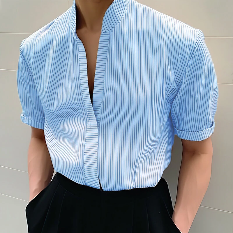 INCERUN Mens Shirt Striped Stand Collar Short Sleeve Top Shirts Summer Daily Casual Male Clothing Solid Color Shirts — image 1