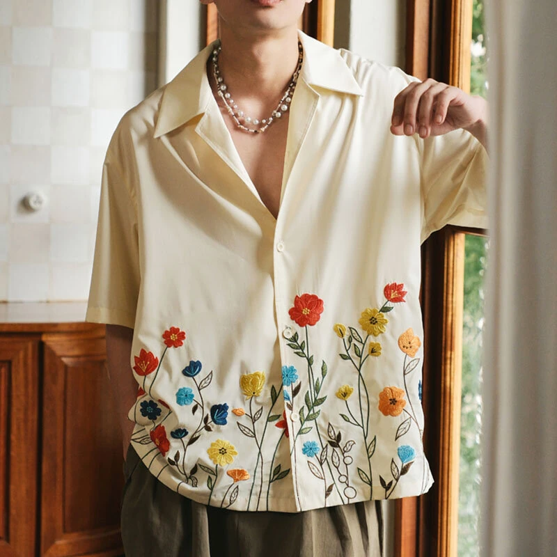 INCERUN Mens Shirts Fashion Floral Print Revere Collar Short Sleeve Shirt Summer Daily Beach Shirts — INCERUN