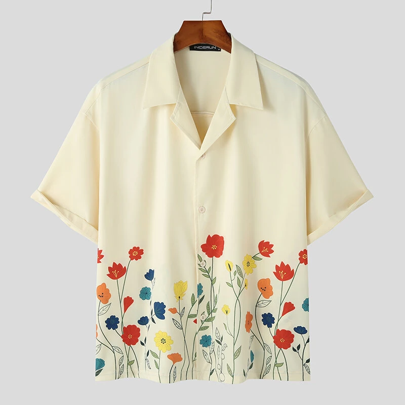 INCERUN Mens Shirts Fashion Floral Print Revere Collar Short Sleeve Shirt Summer Daily Beach Shirts — view 5