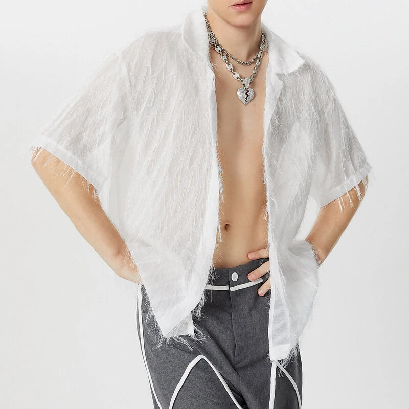 INCERUN Mens Shirts Fringed Chiffon White Shirt V-neck Lapel Short Sleeve Shirt Solid Color Men Clothing — INCERUN