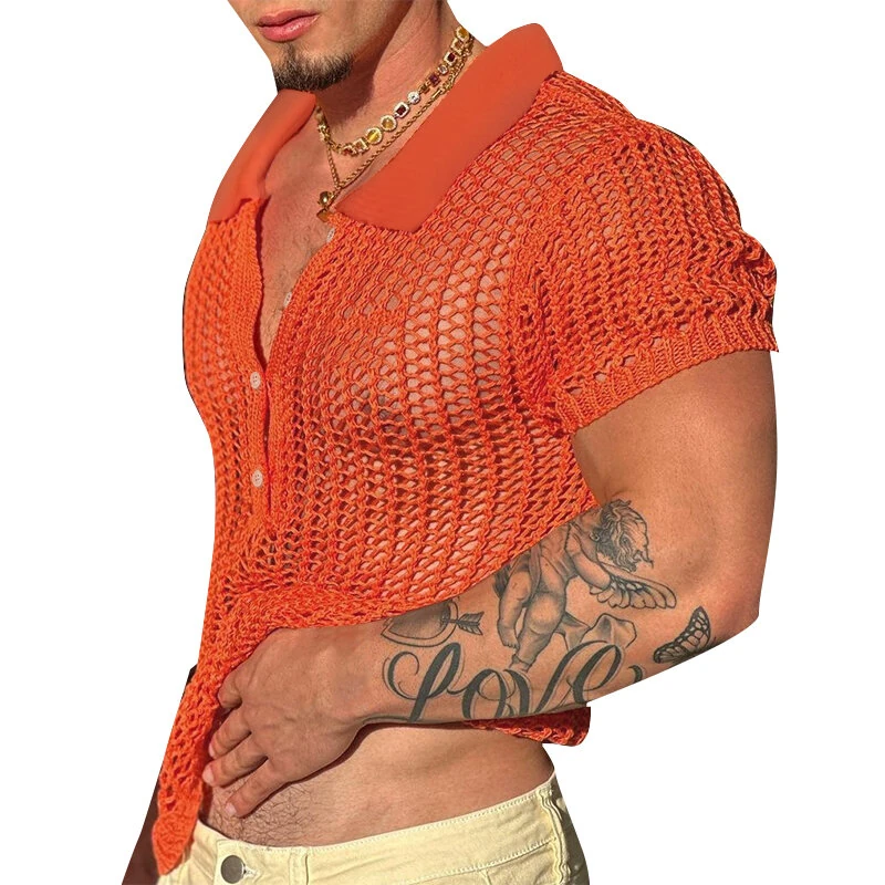 INCERUN Mens Shirts Solid Color Hollow Out Lapel Top Shirts Summer Cool Party Top Fashion Male Clothing — view 2