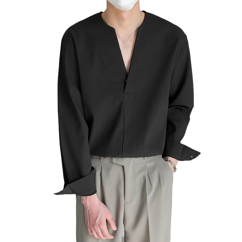 INCERUN Mens Shirts Solid Color Long Sleeve Top Shirts Summer Casual Daily V Neck Top Shirts Male Clothing — view 2