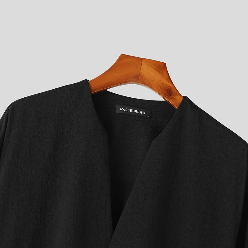 INCERUN Mens Shirts Solid Color Long Sleeve Top Shirts Summer Casual Daily V Neck Top Shirts Male Clothing — view 3
