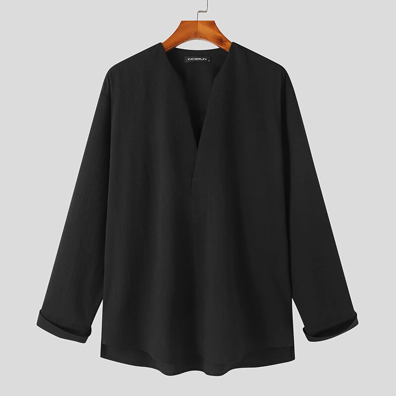 INCERUN Mens Shirts Solid Color Long Sleeve Top Shirts Summer Casual Daily V Neck Top Shirts Male Clothing — view 6