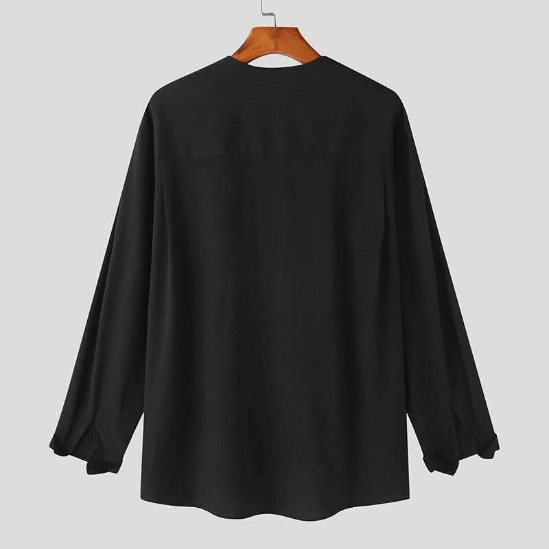 INCERUN Mens Shirts Solid Color Long Sleeve Top Shirts Summer Casual Daily V Neck Top Shirts Male Clothing — view 7