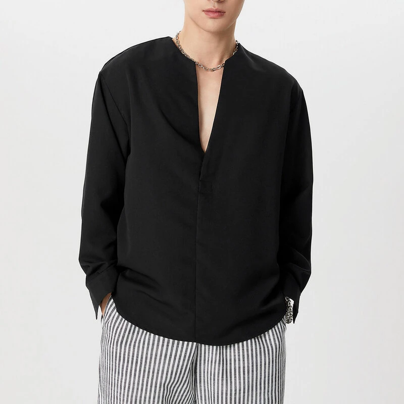 INCERUN Mens Shirts Solid Color Long Sleeve Top Shirts Summer Casual Daily V Neck Top Shirts Male Clothing — view 8