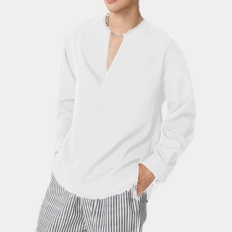 INCERUN Mens Shirts Solid Color Long Sleeve Top Shirts Summer Casual Daily V Neck Top Shirts Male Clothing — view 9