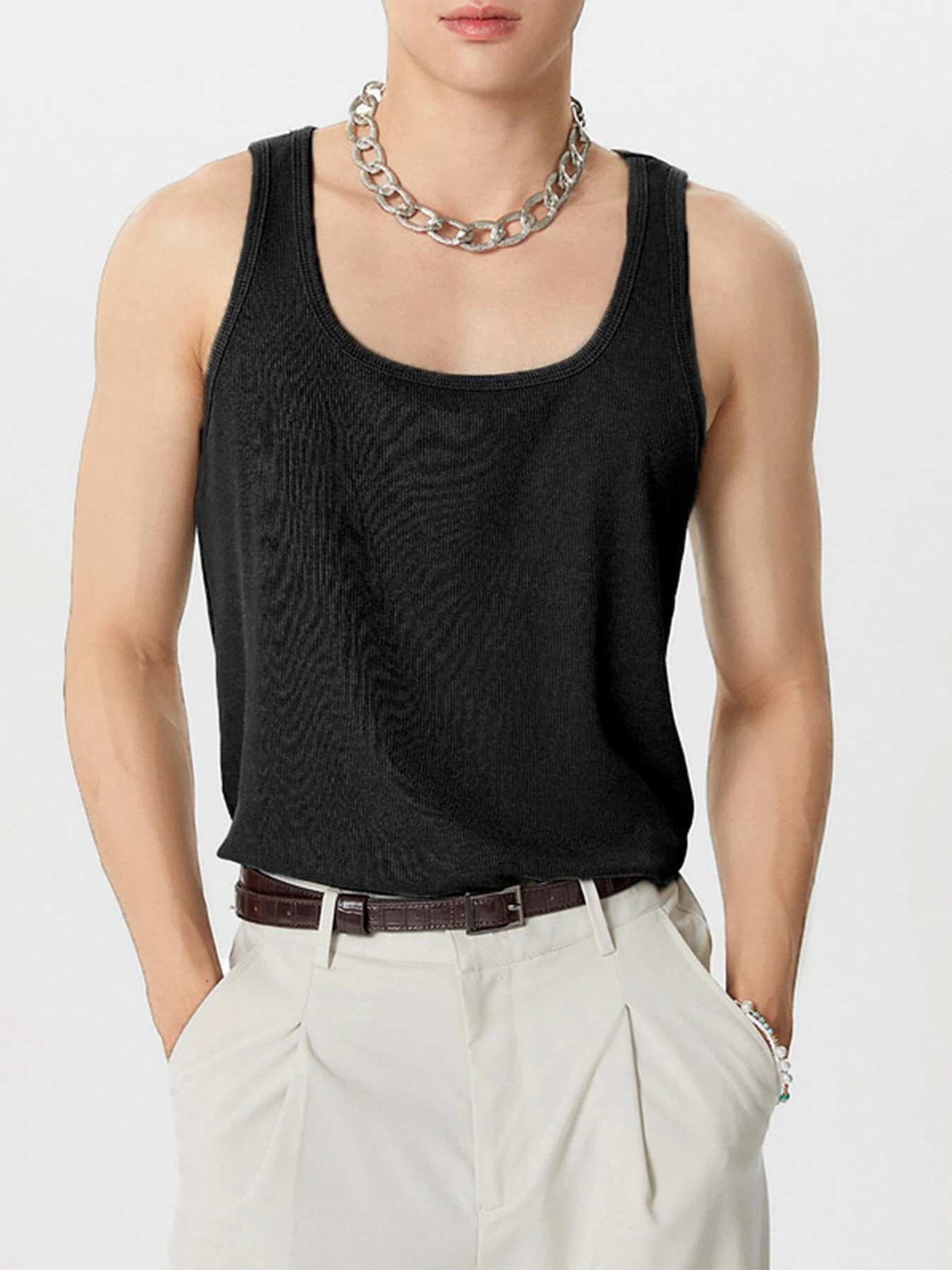 INCERUN Mens Simple Sport Solid Color Knitted Sleeveless Tank Top — view 2