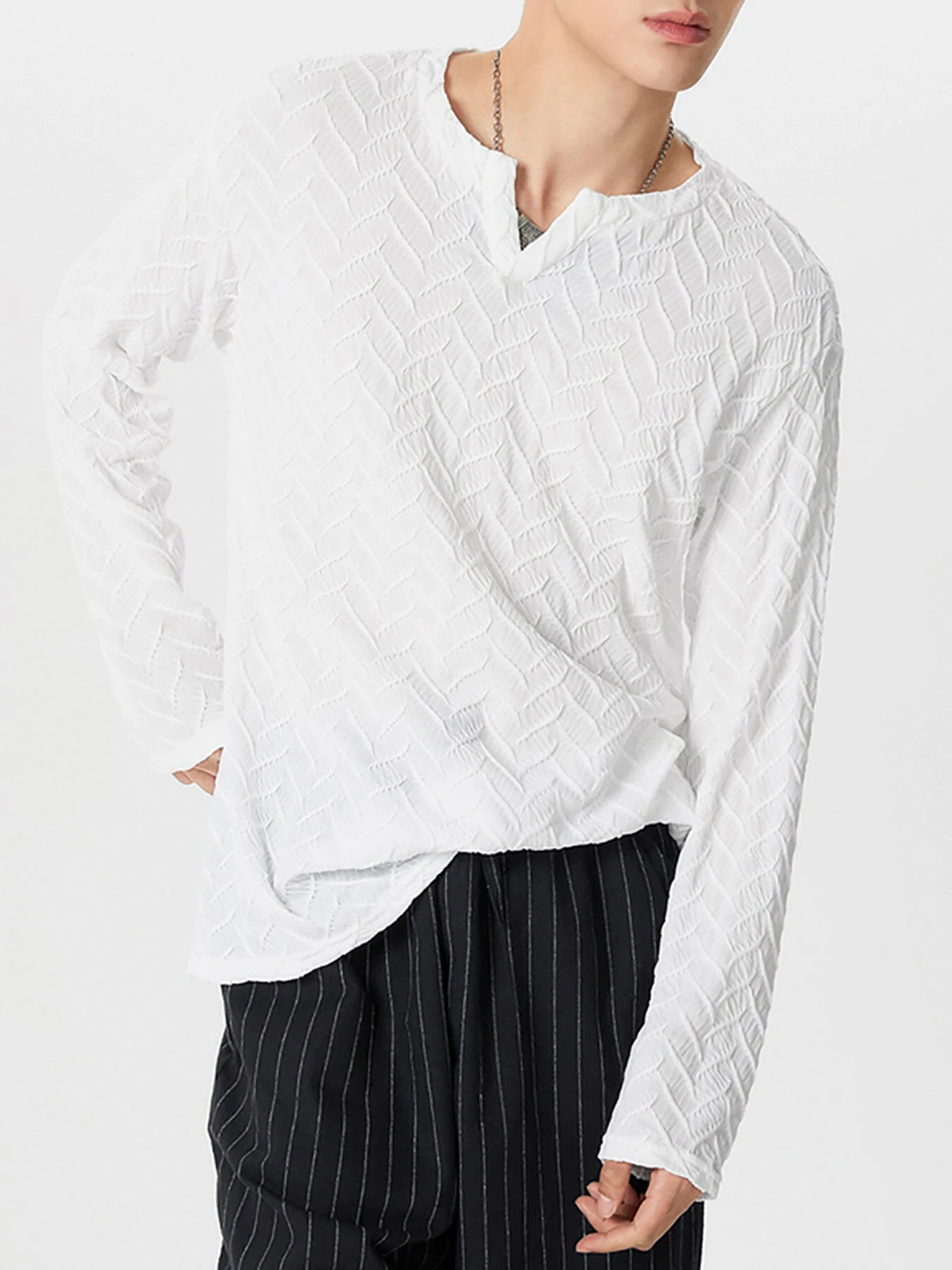 INCERUN Mens Solid Color Cut V-neck Long Sleeve Top Casual Shirts — view 4