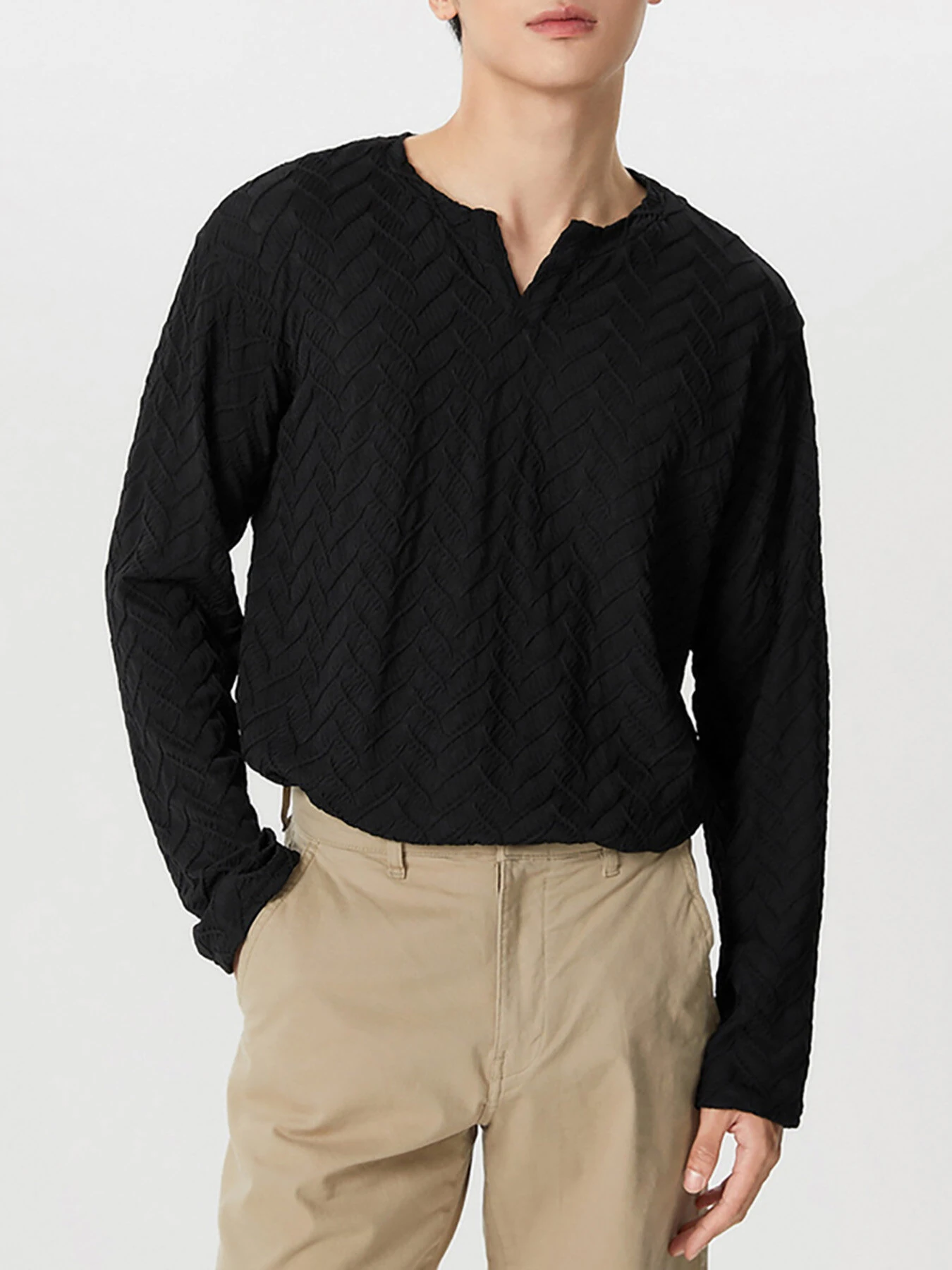 INCERUN Mens Solid Color Cut V-neck Long Sleeve Top Casual Shirts — view 7
