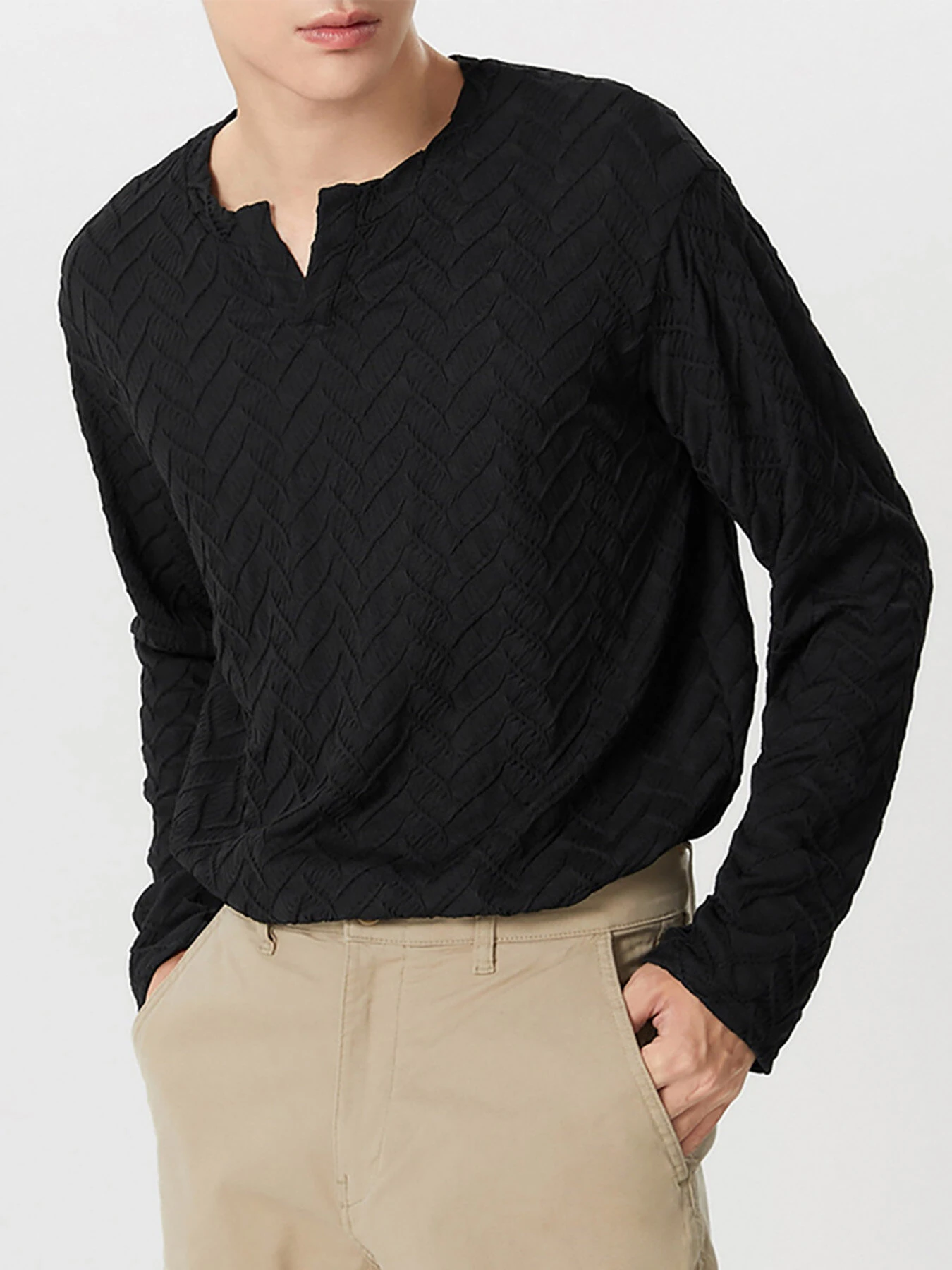 INCERUN Mens Solid Color Cut V-neck Long Sleeve Top Casual Shirts — view 8