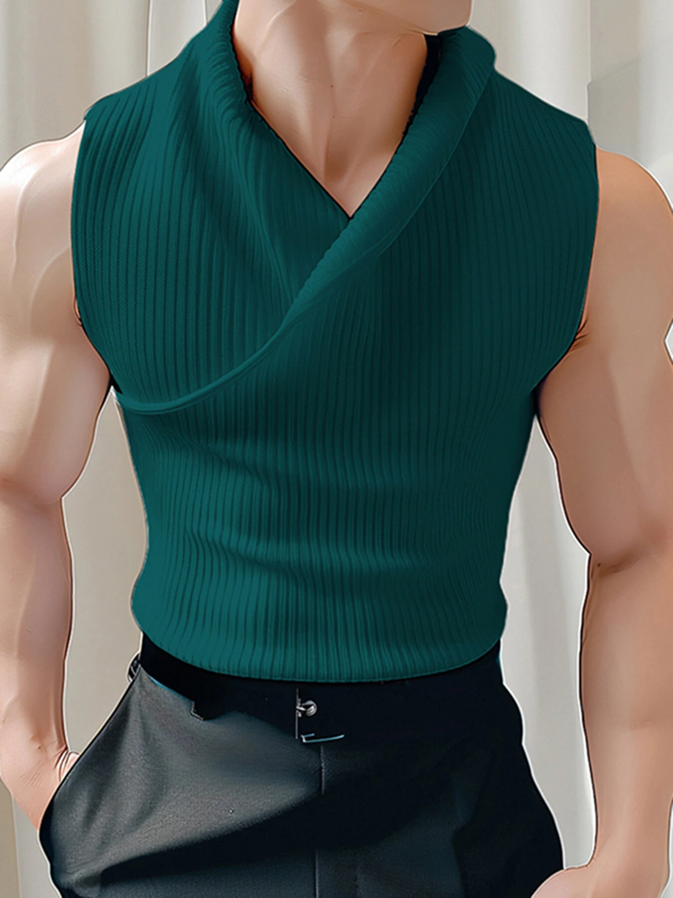 INCERUN Mens Solid Color Design Crossover V-neck Soft Tanks — view 2