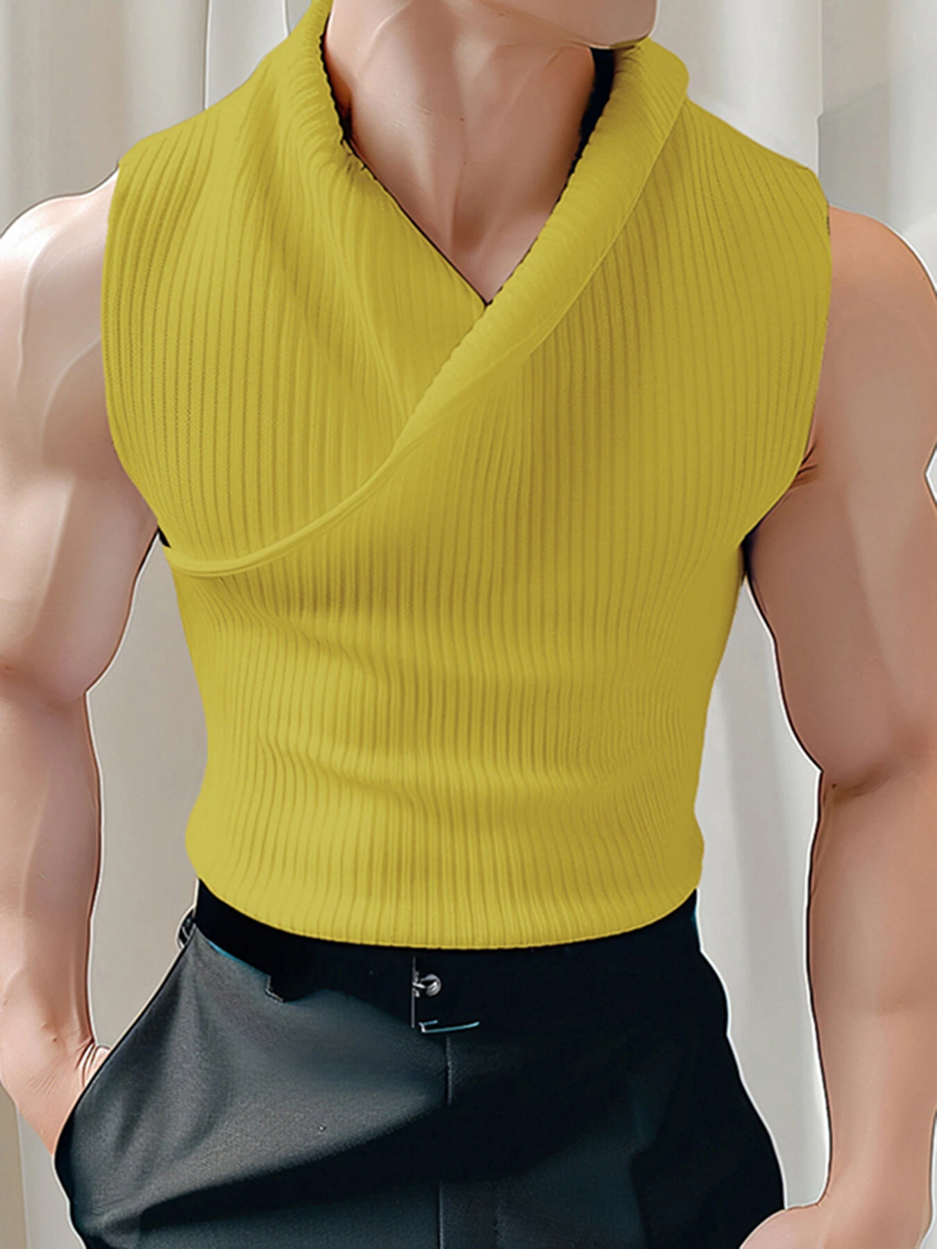 INCERUN Mens Solid Color Design Crossover V-neck Soft Tanks — view 3