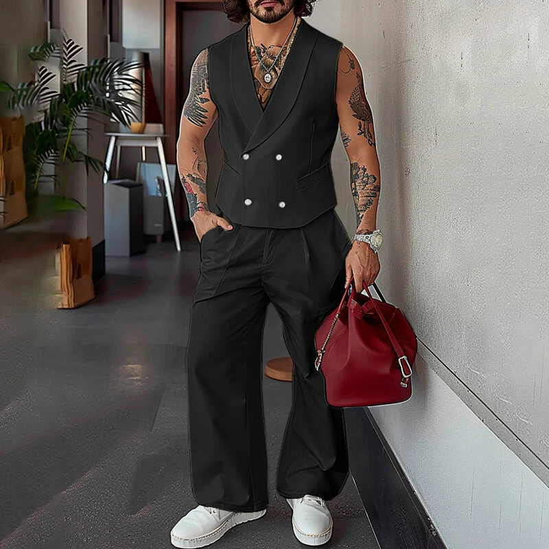INCERUN Mens Solid Color Double-Breasted Two Pieces Outfit Sleeveless Blazer Vest Pant Casual Suit for Male — image 1
