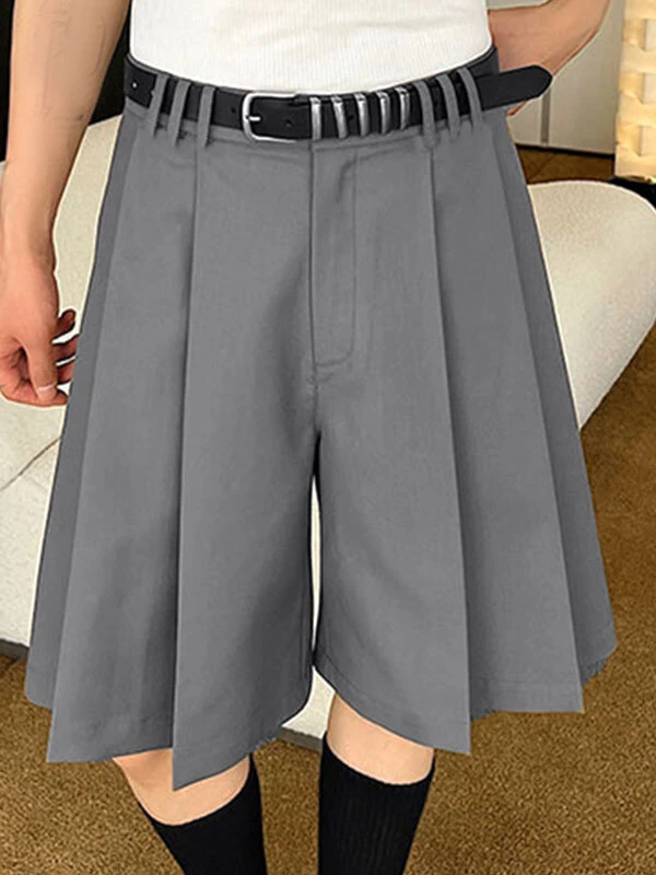 INCERUN Mens Solid Color Large Pleated Baggy Casual Shorts with Pocket — view 4