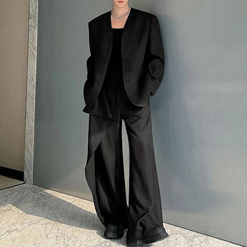 INCERUN Mens Solid Color Long Sleeve Two-Piece Outfit Collarless Blazer & Suit Pants Men's Fashion Set — image 1