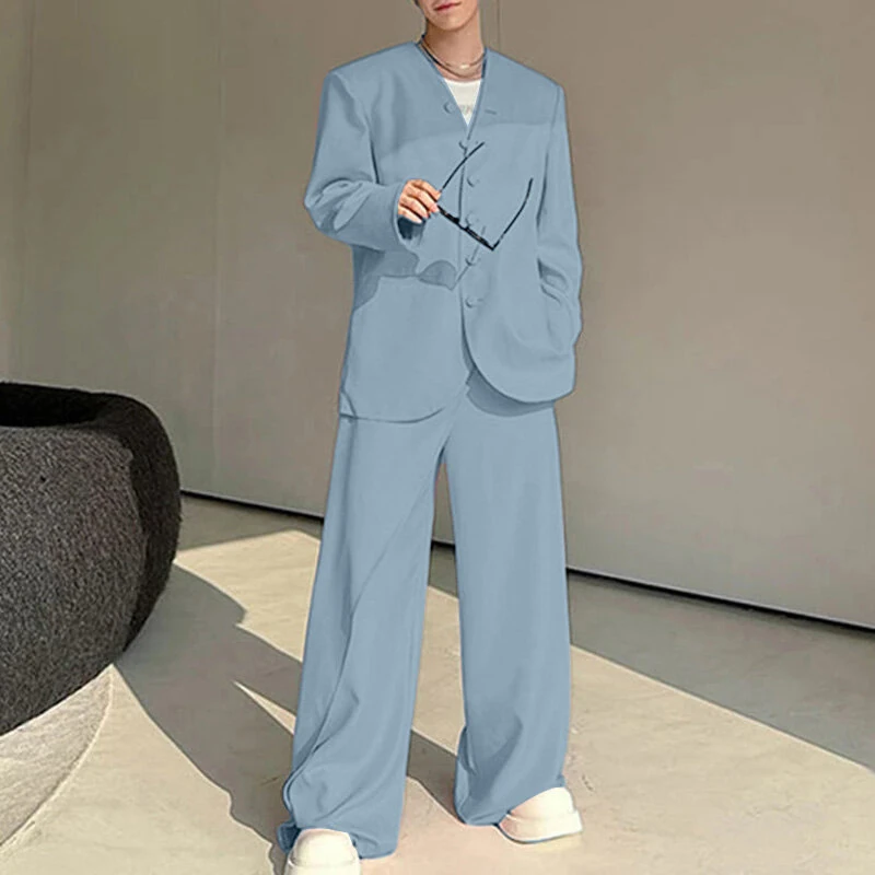 INCERUN Mens Solid Color Long Sleeve Two-Piece Outfit Collarless Blazer & Suit Pants Men's Fashion Set — view 2