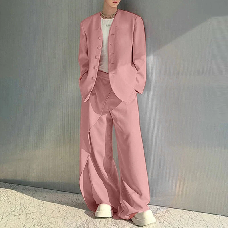 INCERUN Mens Solid Color Long Sleeve Two-Piece Outfit Collarless Blazer & Suit Pants Men's Fashion Set — view 3