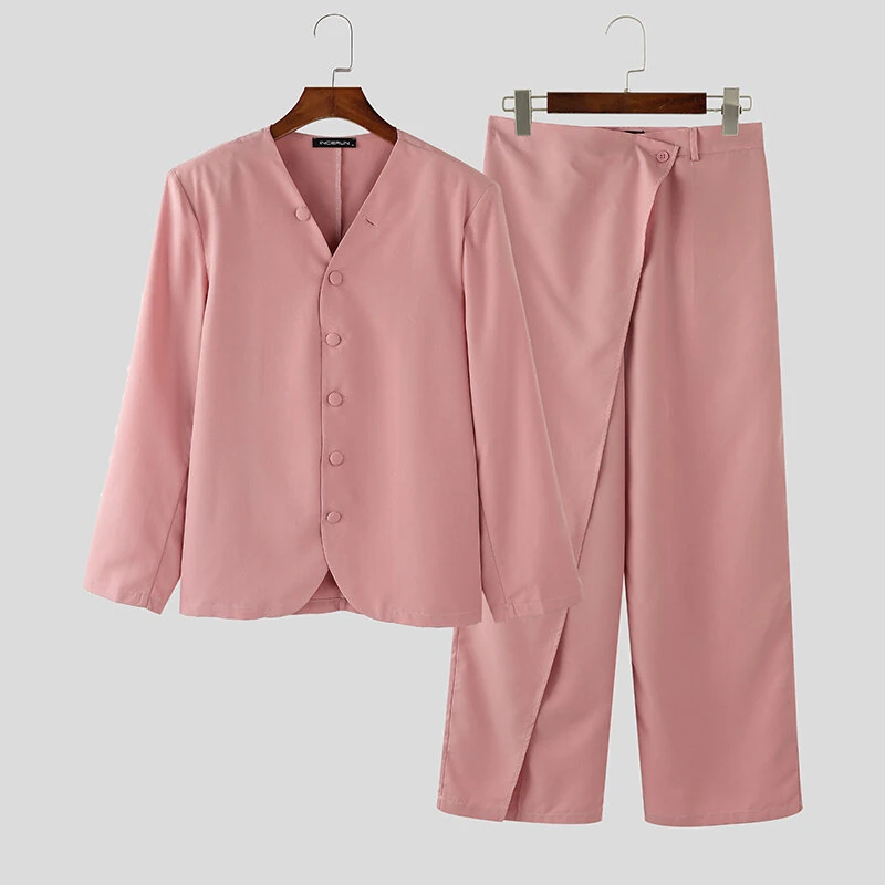 INCERUN Mens Solid Color Long Sleeve Two-Piece Outfit Collarless Blazer & Suit Pants Men's Fashion Set — view 4