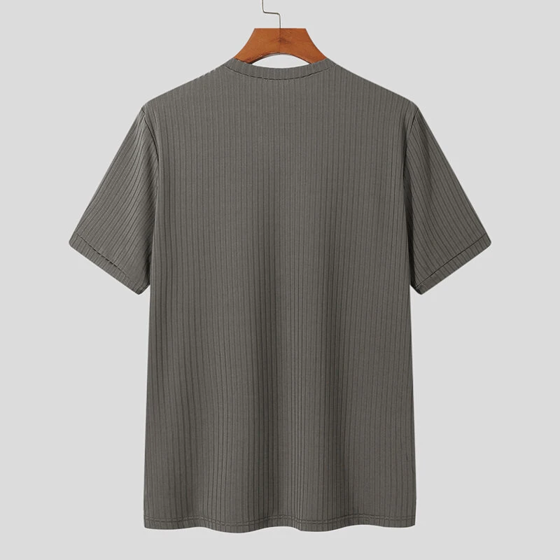 INCERUN Mens Solid Color Rib Knitted Crew Neck T-Shirt Comfortable Breathable Short Sleeve Tshirt for Summer — view 7