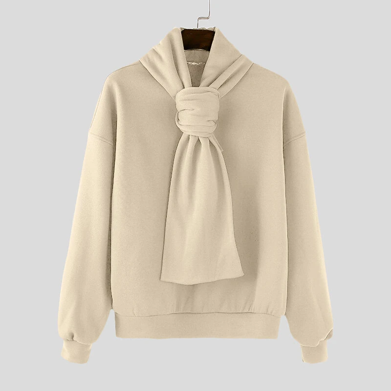 INCERUN Mens Solid Color Scarf Neck Pullover Hoodie Fashion Men Long Sleeve Top Clothing Comfortable — view 4