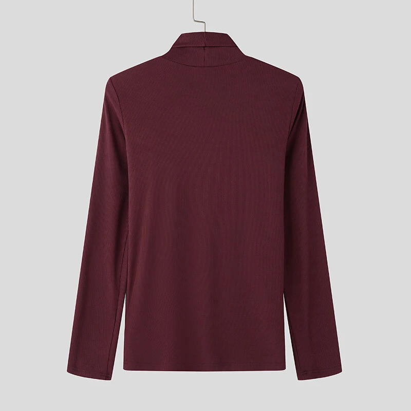 INCERUN Mens Solid Color Textured Pullover Long Sleeve Sweater Fashion Slim Fit High-collar Sweater for Male S 5XL — view 5