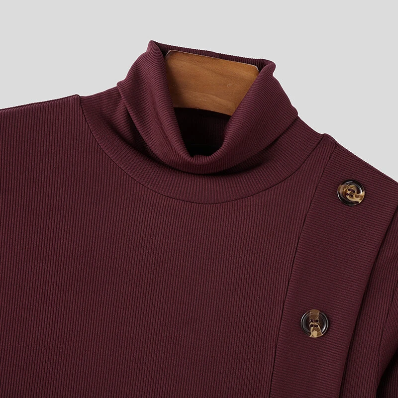 INCERUN Mens Solid Color Textured Pullover Long Sleeve Sweater Fashion Slim Fit High-collar Sweater for Male S 5XL — view 6