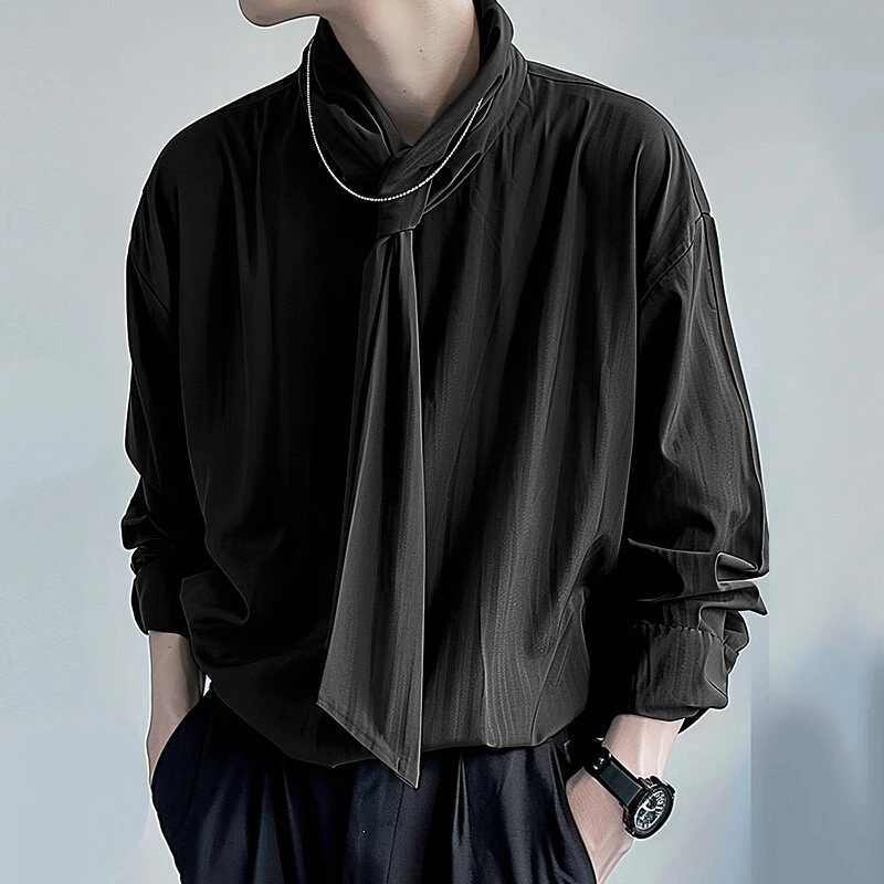 INCERUN Mens Solid Color Tie Design Long-Sleeve Shirt Fashion Casual Top Shirt for Male — INCERUN