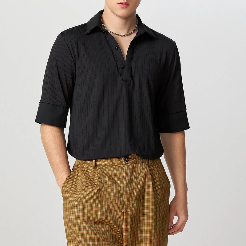 INCERUN Mens Solid Textured Casual Short Sleeve Shirt Fashion V-neck Lapel Top for Male — image 1