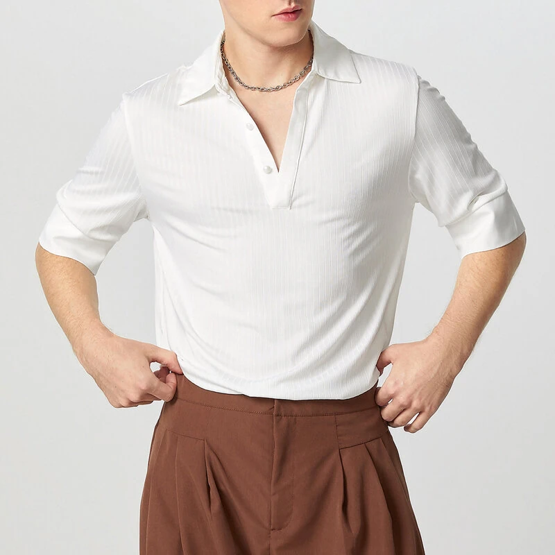 INCERUN Mens Solid Textured Casual Short Sleeve Shirt Fashion V-neck Lapel Top for Male — view 2