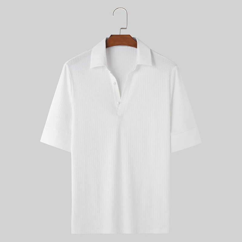 INCERUN Mens Solid Textured Casual Short Sleeve Shirt Fashion V-neck Lapel Top for Male — view 4