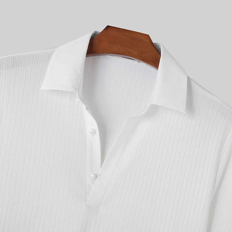 INCERUN Mens Solid Textured Casual Short Sleeve Shirt Fashion V-neck Lapel Top for Male — view 5