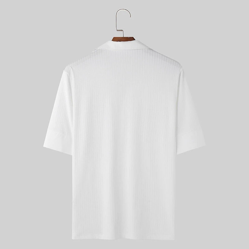 INCERUN Mens Solid Textured Casual Short Sleeve Shirt Fashion V-neck Lapel Top for Male — view 7