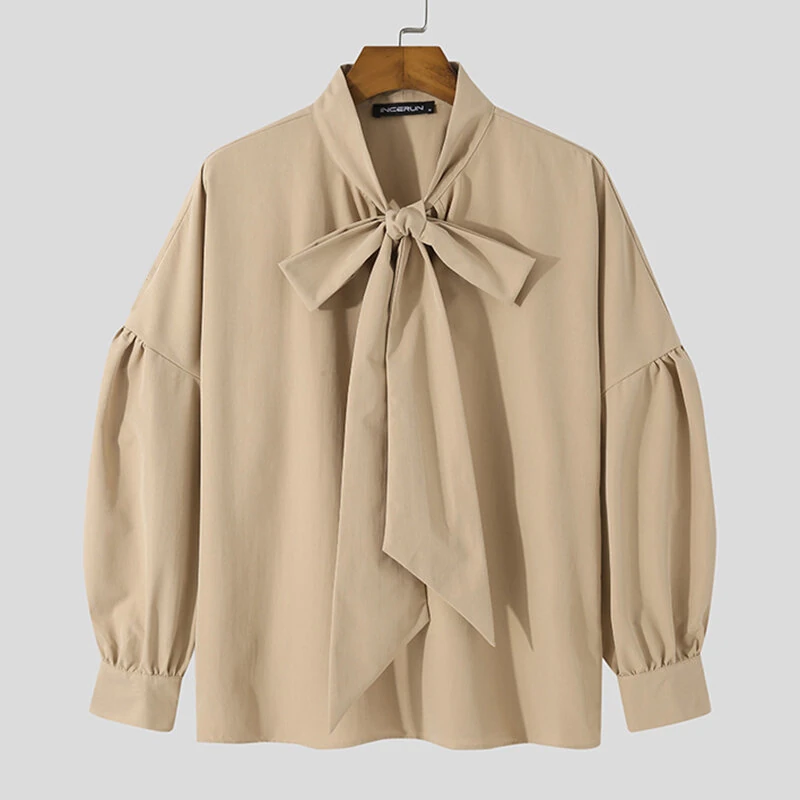 INCERUN Mens Solid Tie Neck Puff Sleeve Loose Shirt — view 4