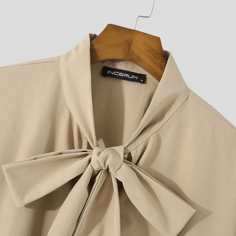 INCERUN Mens Solid Tie Neck Puff Sleeve Loose Shirt — view 5